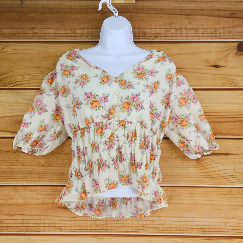 Rose + Olive Peasant‎ Blouse Shirt Womens M Colorful Floral V-Neck Sheer Cropped
